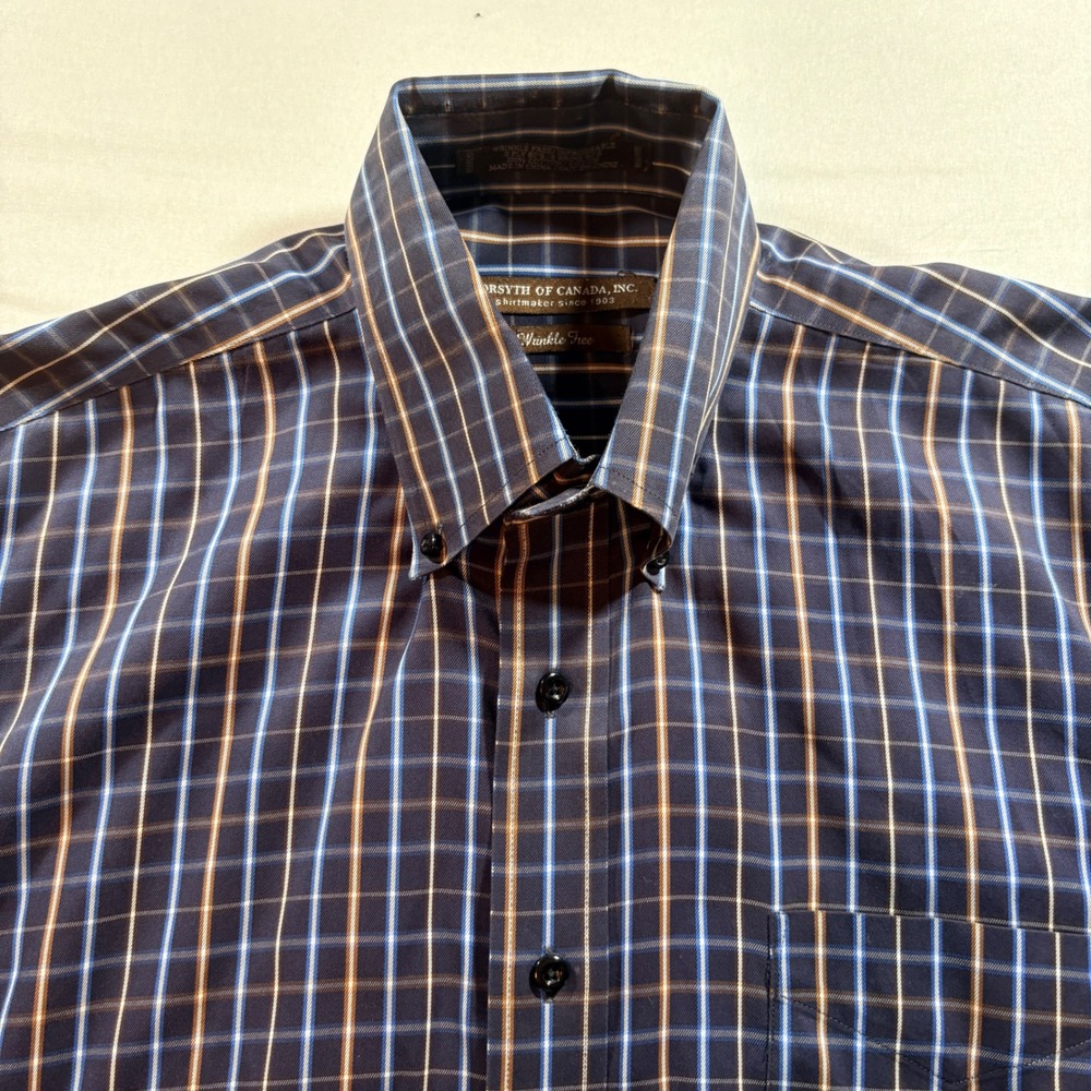 Forsyth of Canada Plaid Button Down Shirt Mens Large Navy Wrinkle Free Cotton